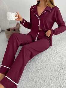 SHEIN Cottnline Classic Button Pajama Set – Soft Long Sleeve Top And Comfortable Straight Leg Pants Loungewear - Burgundy - View 4