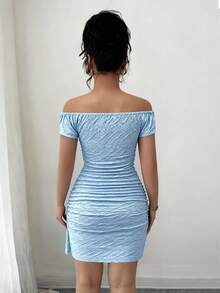 Elenzga New Knitted Wavy Texture Jacquard Sexy Fashion Off Shoulder Fitted Ruched Asymmetric Hem Tie Waist Metal Buckle Mini Dress, Elegant & Versatile For Dates & Daily Wear - Baby Blue - View 2