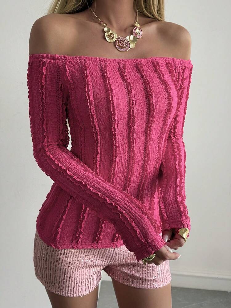 Fuchsia Slim-Fit Off-Shoulder Top, Casual Music Festival & Holiday Texture Pleated Striped Cropped Long Sleeve Tee For Women, Spring/Summer Y2k
