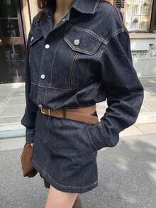 DAZY Vintage Style Lapel Button Down Cinched Waist Blue Casual Denim Dress For Women - Navy Blue - View 4