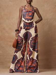 Zivah 2026春夏新款音乐节、复活节、西部风、游牧风格套装，适合生日派对、节日庆典、优雅宴会、舞会、通勤、休闲穿着。优雅、简约、街头风。露背棕榈树印花吊带上衣，系带露背设计，搭配木质纽扣项链配饰和带口袋的阔腿裤，两件套。 - 棕色 - 查看 3