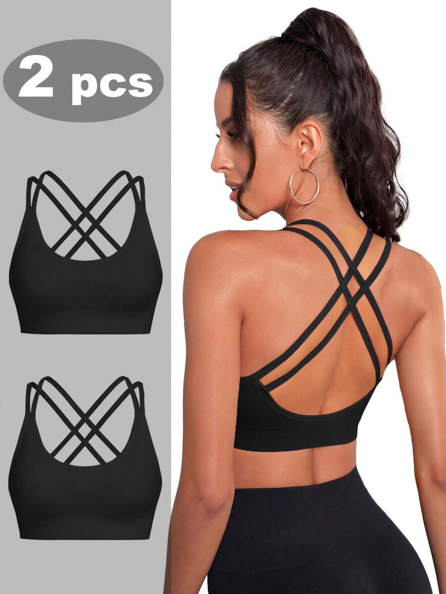 SHEIN Velisys 2 chiếc áo ngực thể thao nữ màu trơn, không đường may, độ co giãn cao, thoải mái, phù hợp mặc hàng ngày. - màu đen - Xem 1