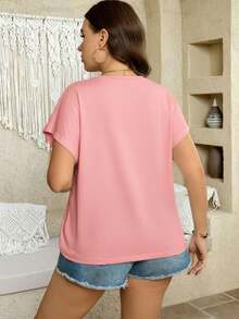 SHEIN LUNE 大码女式休闲日常通勤纯色蝙蝠袖扭结下摆不对称T恤，夏季 - 粉色 - 查看 2