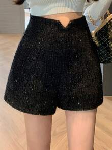 DAZY Women's High Waist Shiny Wide Leg Loose Elegant Fashion Shorts Y2k - Black - View 2