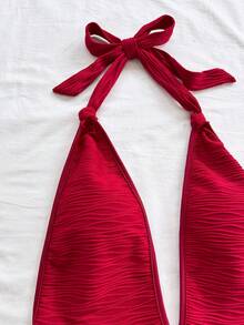 Soleia 女士度假白色针织仙女褶皱纹理深V领系带连体衣，修身剪裁，适合派对、圣诞节、约会、夜店、波西米亚风、度假、秋季等场合 - 紅色 - 查看 4