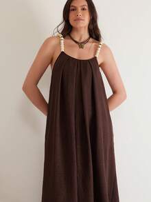 SHEIN VCAY Đầm slip dáng rộng có túi, dây đeo đính hạt, thích hợp cho nữ, mùa hè, đi nghỉ mát. - Cà phê nâu - Xem 5