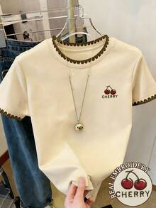 Resyla Women's Casual Daily Commute Versatile Vacation Style Cherry Letter Embroidery Contrast Binding Short Sleeve T-Shirt, Summer - Apricot - View 1
