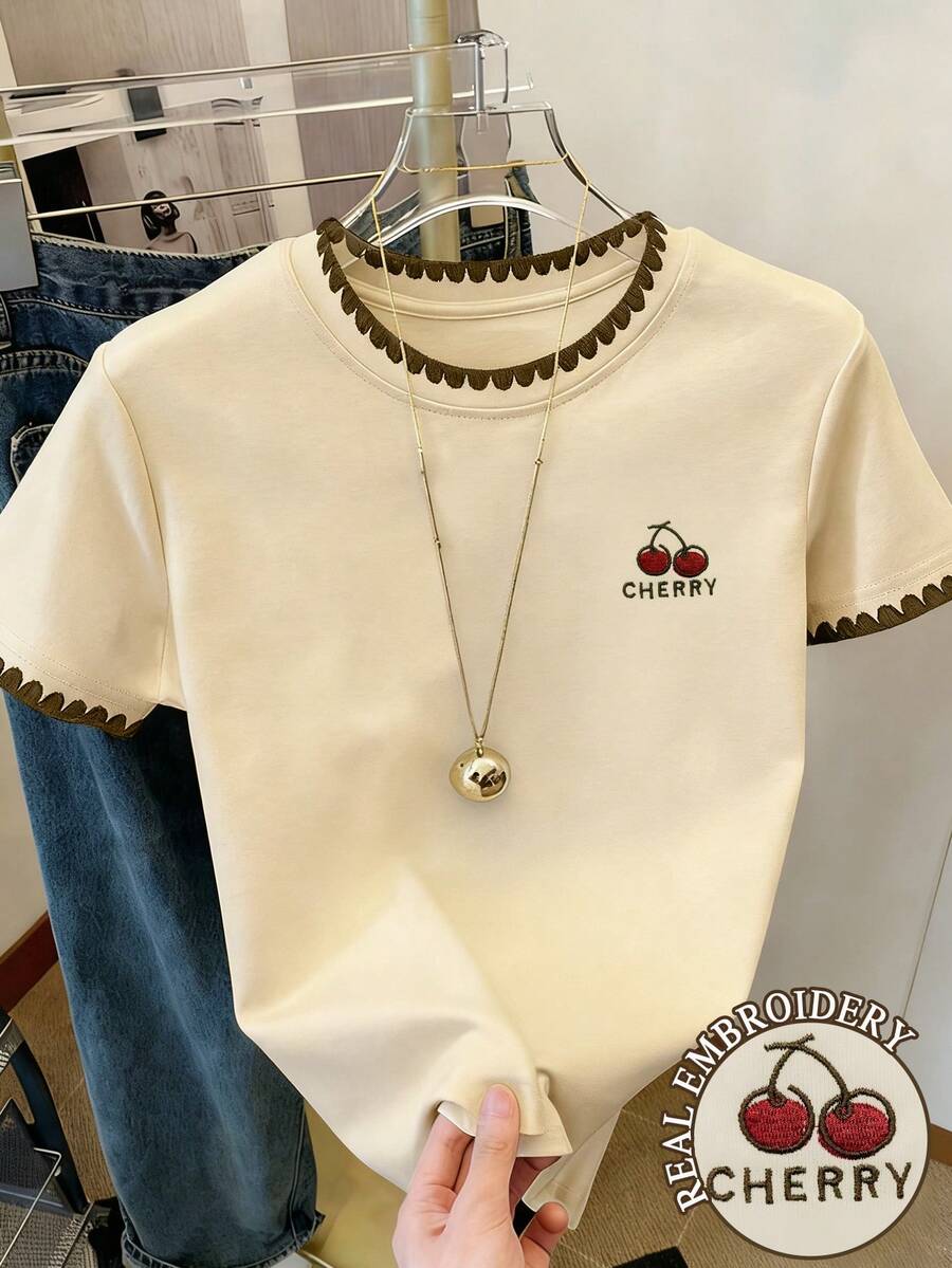 Resyla Women's Casual Daily Commute Versatile Vacation Style Cherry Letter Embroidery Contrast Binding Short Sleeve T-Shirt, Summer - Apricot - View 1
