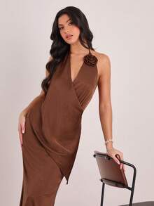Enchnt Spring/Summer Romantic Women's Brown 3D Rose Backless Layered Draped Neck Mermaid Maxi Dress,Sweet&Elegant For Vacation&Date&Holiday&Going Out&Valentine's Day,Spring Outfit Women - Mocha Brown - View 1