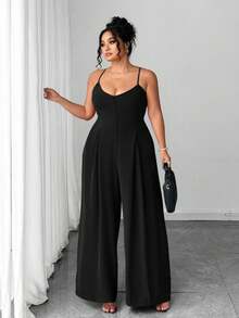 SHEIN CURVE+ 大码女士优雅端庄纽扣吊带褶裥阔腿连体裤，春夏款 - 黑色 - 查看 5