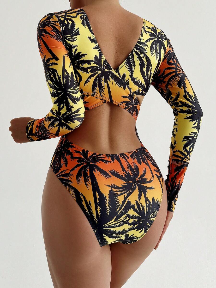 Swim SPRTY Women's Summer Random Palm Tree Print Criss-Cross Backless One-Piece Long Sleeve Swimsuit - Multicolor - View 1