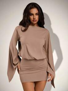 SHEIN ICON Women's Solid Color Boat Neck Flare Sleeve Fashionable Loose Mini Dress,Women's Winter Dress,Casual Outfit For Women Bell Sleeves Neutral Clothes For Women Cape Top Women's Fashion - Khaki - View 6