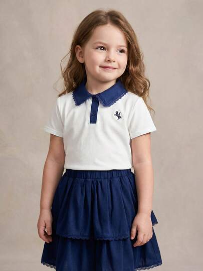 PrepCrw 2pcs Young Girls Elegant Urban Casual Collegiate Versatile White Collar Ruffle Trim Knit Short Sleeve Polo Shirt And Navy Blue Multi-Layer Mini Skirt Set, Suitable For Back To School, Casual Outings, Trips, Gatherings, Holidays, Autumn, Spring, Summer