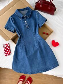 Comfortcana Women's Button Half-Placket Short Sleeve Casual Denim Dress Summer Dresses For Women Christmas Dress Valentine's Day Dress New Year Dress Party Dresses For Women Elegant Dresses For Women Casual Dresses For Women Blue Dress Chic Women's Blue Denim Dress With Gold Buttons And Collared Polo Neckline Casual Short Sleeve A Line Design - Medium Wash - View 1