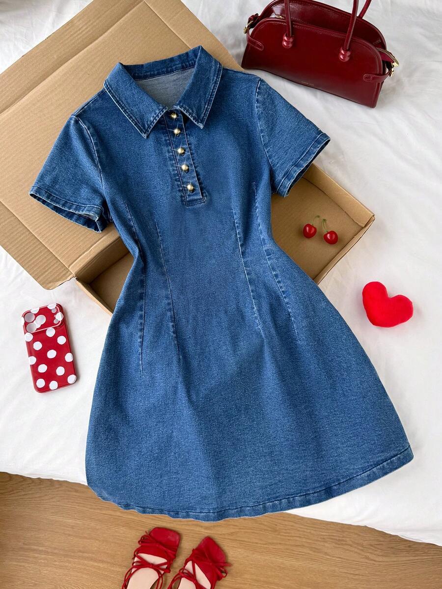 Comfortcana Women's Button Half-Placket Short Sleeve Casual Denim Dress Summer Dresses For Women Christmas Dress Valentine's Day Dress New Year Dress Party Dresses For Women Elegant Dresses For Women Casual Dresses For Women Blue Dress Chic Women's Blue Denim Dress With Gold Buttons And Collared Polo Neckline Casual Short Sleeve A Line Design - Medium Wash - View 1
