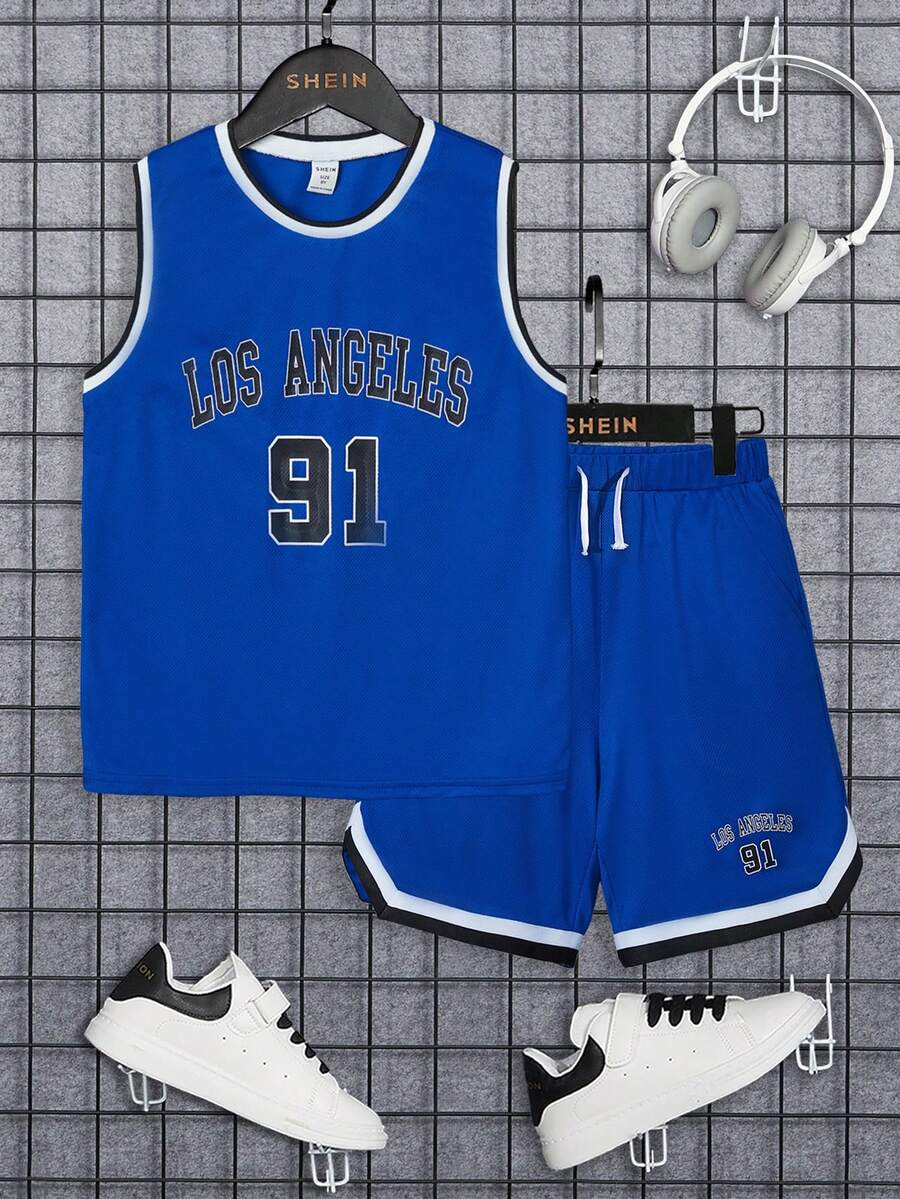 SHEIN 青少年男童休闲舒适印花背心和针织短裤套装 - 寶藍色 - 查看 1