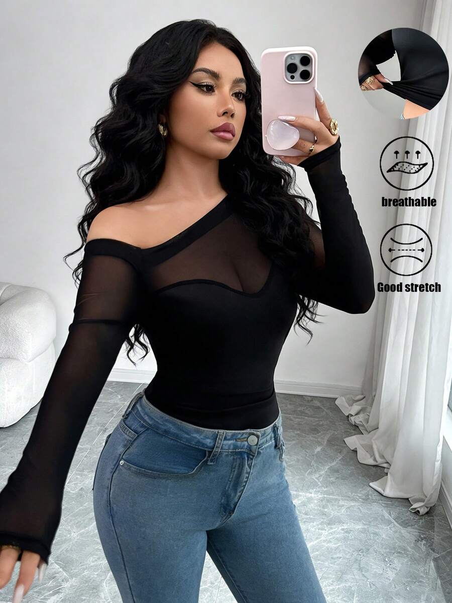 Rafferiza New Women's Elegant Top With Sexy Mesh Paneling, Curved Chest Design, Fitted Waist, Long Sleeves, Black Mesh Paneling Sexy Top - Black - View 1