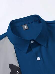 Manfinity Homme 男士休闲撞色猫咪印花衬衫，夏季蓝黑白衬衫，男士狗狗印花衬衫，蓝色图案衬衫，男士猫咪衬衫，蓝色设计师衬衫，复古风格，适合日常休闲、周末旅行、户外活动、探险旅行、轻松的工作环境或半正式场合，可作为男友/丈夫礼物、周年纪念/生日礼物、派对、夏季假期、沙滩装、夏威夷婚礼、春夏两季穿着。 - 藏蓝色 - 查看 3