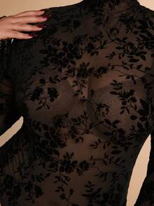 SHEIN BAE Plus Size Autumn And Winter Fashion Sexy And Elegant Women's Elastic See-Through Sweet Hot Girl Stand Collar Ruffled Cuffs See-Through Black Elastic Flocking Jacquard Mesh Bodysuit, Super Versatile, Can Be Worn Inside Or Outside - Black - View 8