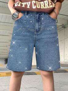 SHEIN 加大码男童水钻装饰牛仔短裤