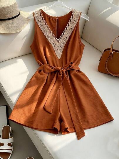 SHEIN Franclia Ladies Casual Lace V-Neck Sleeveless Hollow Patchwork Solid Color Vest Spring And Summer Jumpsuit, Ladies European And American Spring And Summer New Off-The-Shoulder V-Neck Jumpsuits, Ladies Resort Style Jumpsuits, Ladies Solid Color Sleeveless Vest With Waist Belt Ties Jumpsuit, Street Commuter Versatile And Stylish Jumpsuit, Vest Beach Romantic Vacation Orange Sleeveless Vest Party Date Birthday Waist Belt Jumpsuit