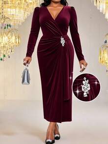 Fleurora Elegantes, bescheidenes Büro-Vintage-Burgunderkleid aus Cord, V-Ausschnitt, Wickel, gerade, Diamant-Kettenhemd, Puffärmel, Herbstkleid für Frauen, Winterkleid, Halloween-Kostüm für Frauen, Weihnachtskleidung für Frauen, langes Abendkleid, Hochzeitsgast-Kleid, Kleid für Hochzeitsgäste, Abendkleid, elegantes Kleid, glitzerndes Kleid, Burgunder-Cord-Kleid - Bordeaux - Übersicht 4