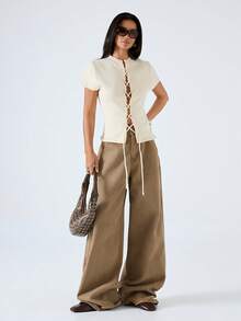 LYSMO Áo dệt kim tay ngắn cổ đứng màu trắng kem trơn, kiểu dáng tối giản, hàng mới về năm 2026, thích hợp mặc đi chơi trong kỳ nghỉ xuân/hè. - Màu be - Xem 4