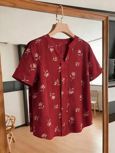 Nubod Plus Size V-Neck Short Sleeve Allover Print Casual Shirt