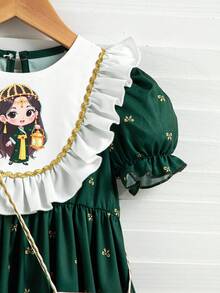 SHEIN 女童深绿色阿巴雅长袍，中东穆斯林女童传统服饰，饰有蝴蝶结、碎花图案和荷叶边下摆，舒适连衣裙，金色滚边缎带 - 彩色 - 查看 6