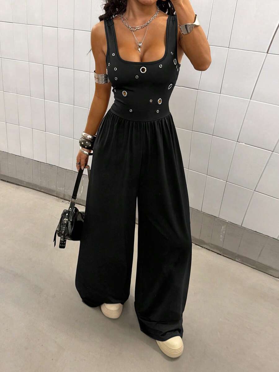 StreetHx Bộ jumpsuit nữ casual phong cách đường phố gợi cảm với họa tiết đục lỗ. - màu đen - Xem 1