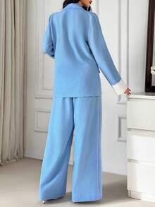 EURMUSE Ensemble deux pièces pour femmes en lin, veste blazer et pantalon - Bleu ciel - Voir 2