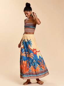 Travachic Women's Tropical Print Bandeau Top & Mini Skirt 2 Pieces Set, Beach Holiday - Multicolor - View 6