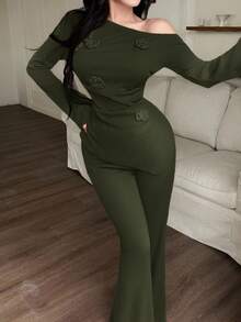 Feyla Women's Solid Color 3D Floral Asymmetric Collar Long Sleeve Top And Pants Elegant 2 Pieces Set - Army Green - View 6