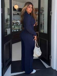 Maria Perezxox 低腰抽绳罗纹针织阔腿休闲裤，适合机场、假日、度假、夏季、海滩、秋季、冬季、日常、圣诞节、工作、办公室、感恩节等场合，时尚百搭。 - 藏蓝色 - 查看 4