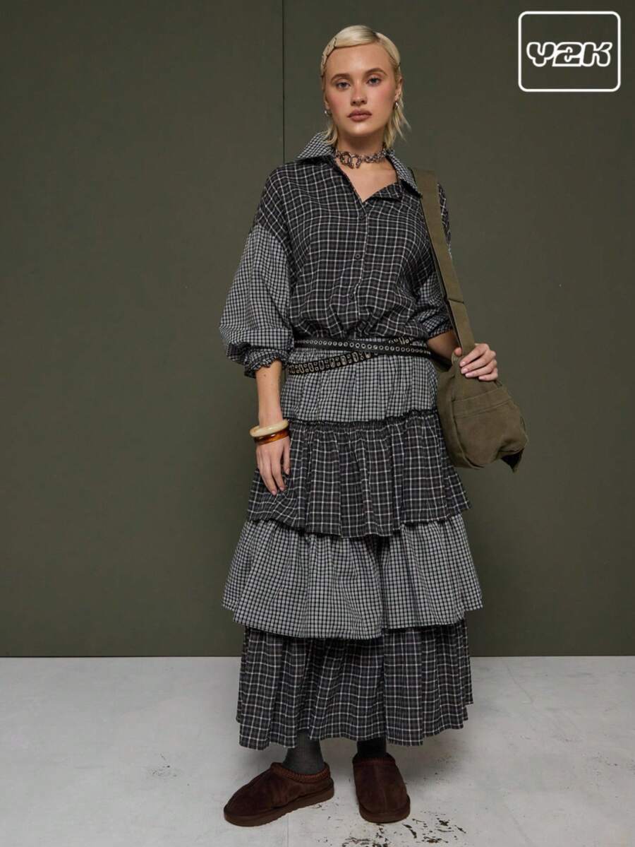 COUREZ Falda midi con volantes y capas a cuadros / Ropa de otoño e invierno Y2K para mujeres, falda negra para mujeres para salir, atuendos de fiesta, Año Nuevo - Gris - Ver 1