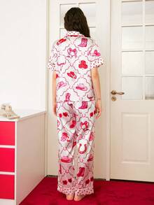 Young Casual Bow Western Boots Pajamas Valentine's Day Heart Western Boots Hat Pattern Satin Short Sleeve Pants Pajama Set, Soft Pink Women Pajama Set - Multicolor - View 2
