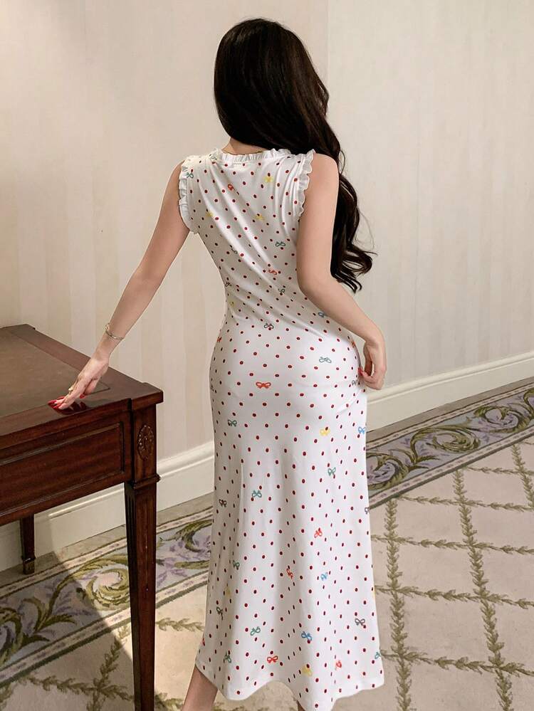 Polka Dot Bow Decor Fully Allover Print Ruched Flounce Trim Sleeveless Cinched Waist Women Nightgown