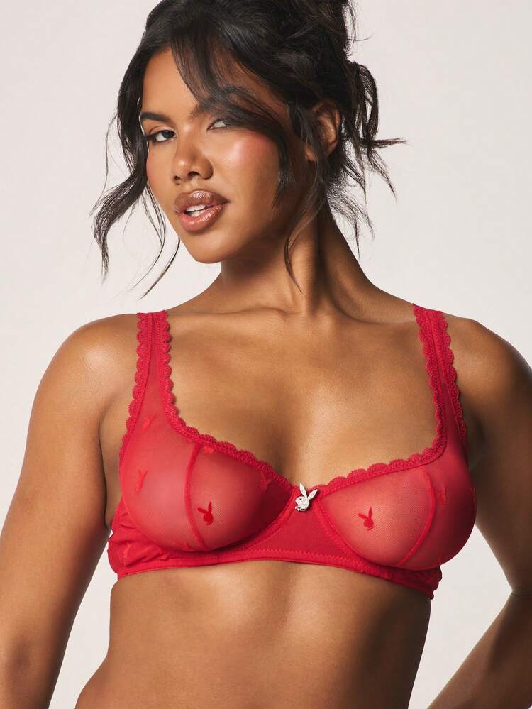 Missguided x Playboy Three Pack Delicate Lace Bralettes With Scalloped Edges And Decorative Bunny Charm Front Closure Everyday Intimate Collection, Sexy Outfit