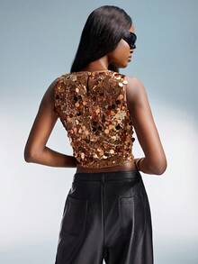 GENKIRA Áo thun nữ cổ tròn đính sequin phối nhiều lớp, thời trang, đa năng, thích hợp cho hẹn hò và dự tiệc. - Nhiều màu - Xem 2