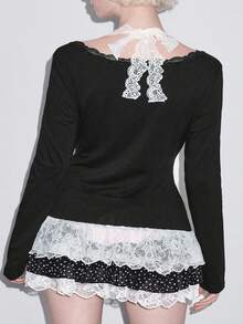 ROMWE Áo thun dài tay ren họa tiết hoạt hình tối màu cỡ lớn cho nữ (Bao gồm áo hai dây ren và viền ren vá) - màu đen - Xem 9