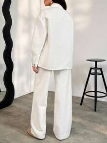 SHEIN Women's Casual Fashion Street Style Everyday Commute Patchwork Pocket Denim Jacket And Wide Leg Jeans Set, Spring/Autumn - White - View 2