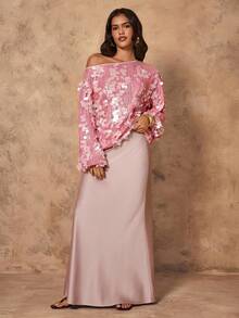 Rafferiza 女士亮片装饰宽松不对称肩长袖衬衫 - 粉色 - 查看 6