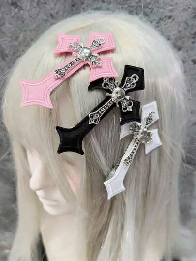 Anime 3 Random Color Punk Cross Hairpins, Dark Handmade Metal Skull Duck Bill Clips, Daily Design Hair Accessories Hairpins
