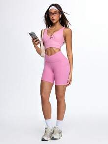 Slayform Women's Soft Pink V-Neck Twist Front Longline Sports Bra,Double Strappy Back Keyhole Yoga Top,Summer Athleisure Open Back Gym Workout Athletic Top - Pink - View 6