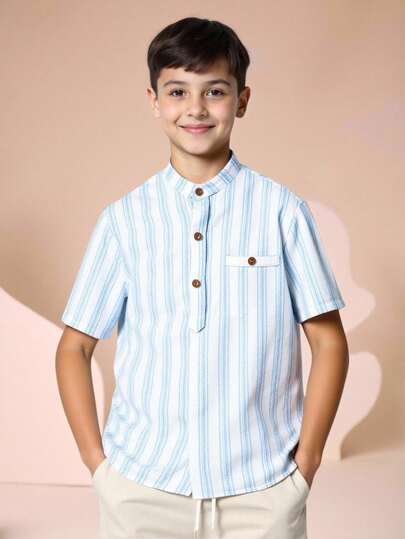 SHEIN Tween Boy Casual Striped Collar Shirt, Versatile For School, Commute, Daily Wear, Sports, Suitable For Spring/Summer