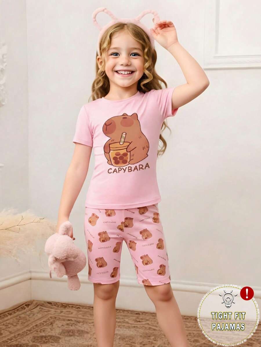 SHEIN Young Girl Cute Casual Animal Capybara Cartoon Print Pink Round Neck Knit Snug Fit Short Sleeve Shorts 2 Pieces Homewear Set