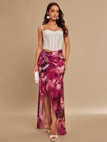 Silquee Women's 3D Orchid-Decorated Floral Print Midi Skirt,Deep Purple,Autumn,Elegant,Party Ruffled Hem Side Slit Long Vacation Skirt For Beach - Multicolor - View 1