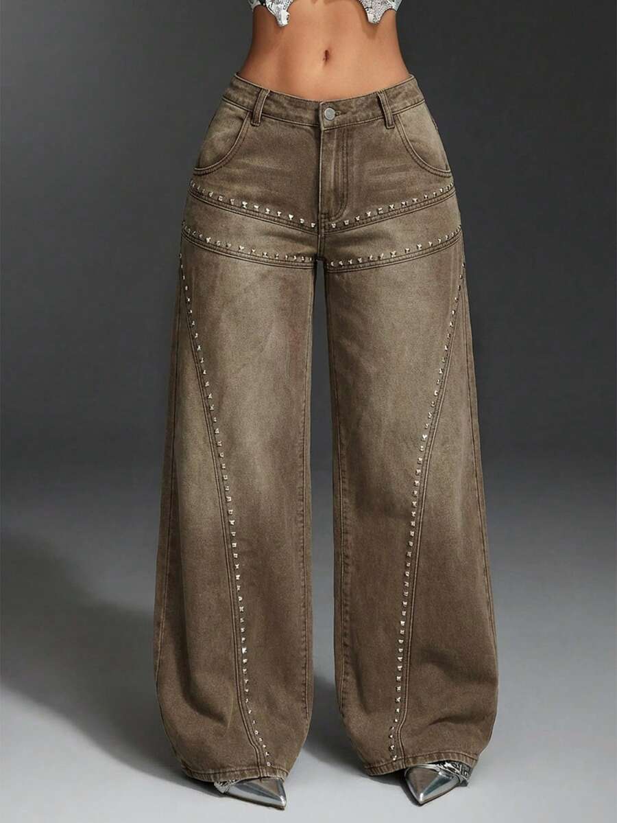 SHEIN Slayr Quần jeans ống đứng dáng rộng, thời trang thường ngày dành cho người có thân hình mũm mĩm. - Màu Khaki - Xem 1