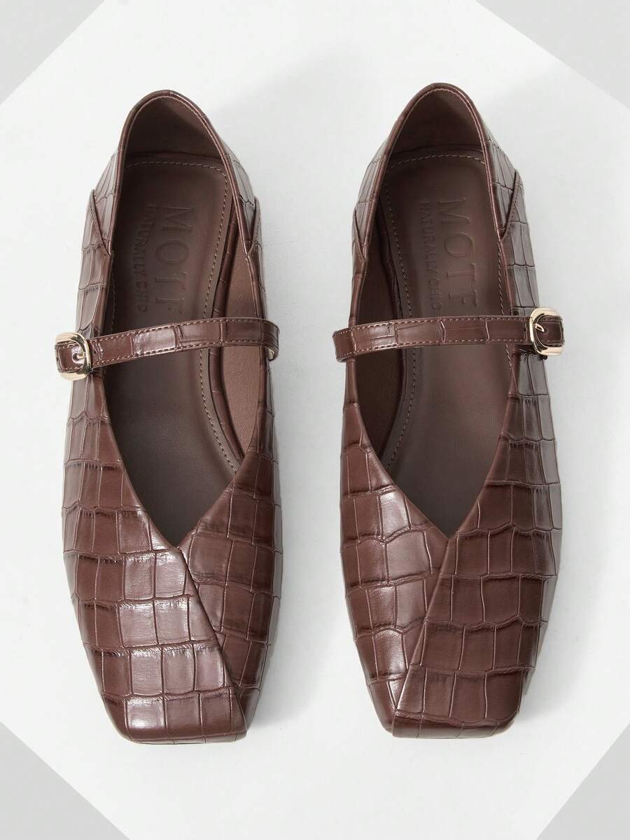 MOTF Giày bệt nữ thời trang thanh lịch đa năng bằng da PU họa tiết cá sấu dập nổi có khóa điều chỉnh - Cà phê nâu - Xem 1