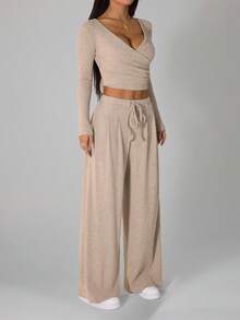 SHEIN PETITE Women's Light Beige Casual Ribbed Long Sleeve T-Shirt And Pants Two Pieces Comfy Lounge Set For Autumn , Petite Women - Khaki - View 11